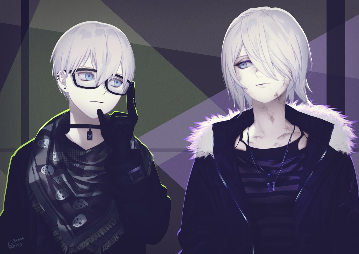 blue_eyes, glasses, gloves, hekoheko, male, necklace, nier, nier:_automata, short_hair, signed, white_hair, yorha_unit_no._2_type_a, yorha_unit_no._9_type_s