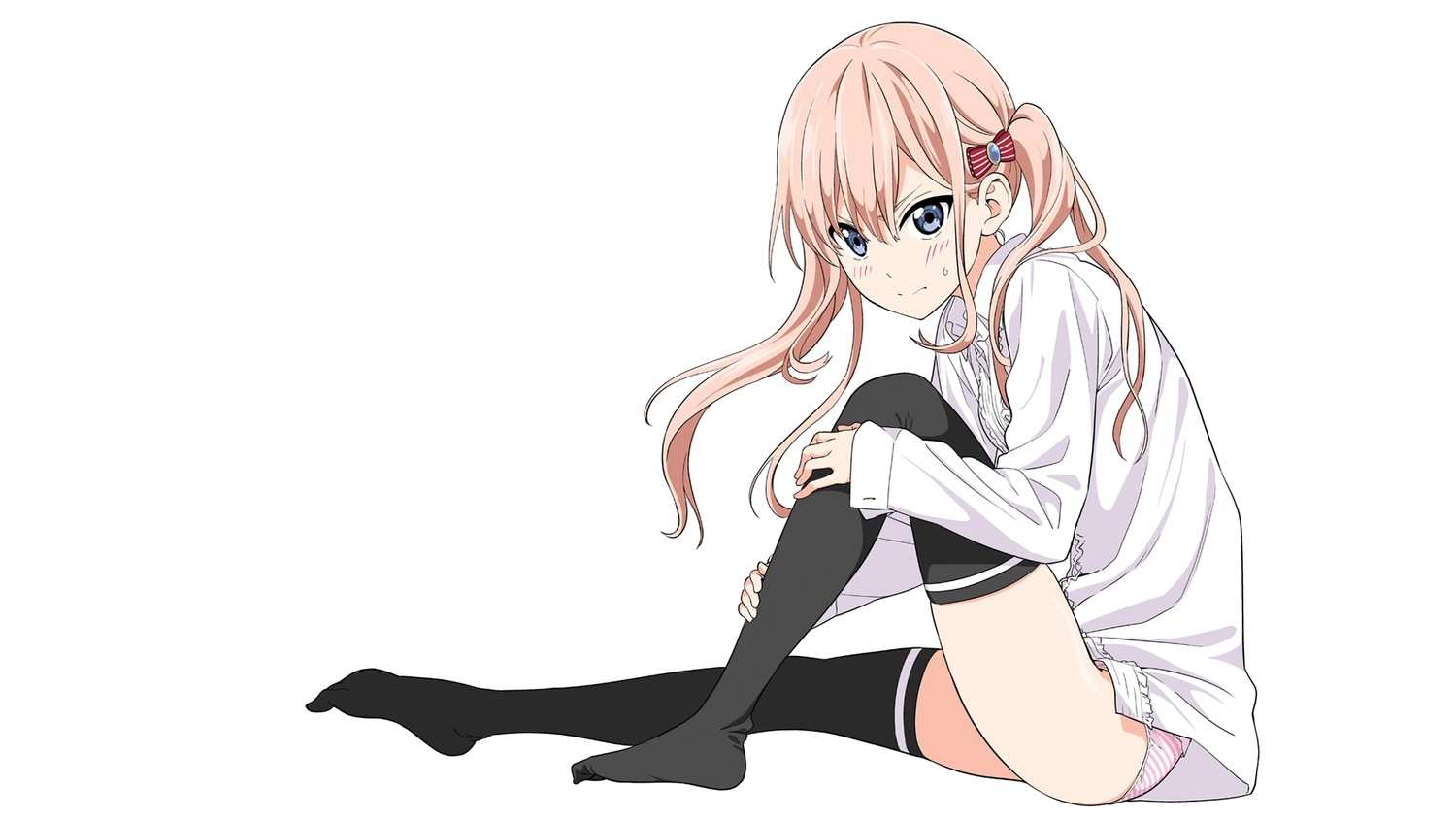 blue_eyes, blush, koi_to_uso, long_hair, panties, pink_hair, sanada_ririna, shirt, striped_panties, tagme_(artist), thighhighs, twintails, underwear, white