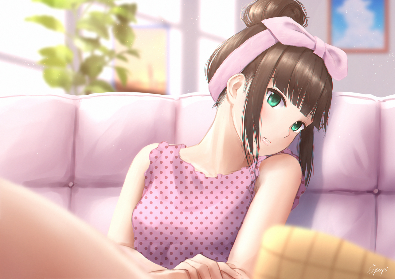 brown_hair, couch, green_eyes, headband, kurosawa_dia, love_live!_school_idol_project, love_live!_sunshine!!, papi_(papiron100), short_hair, signed
