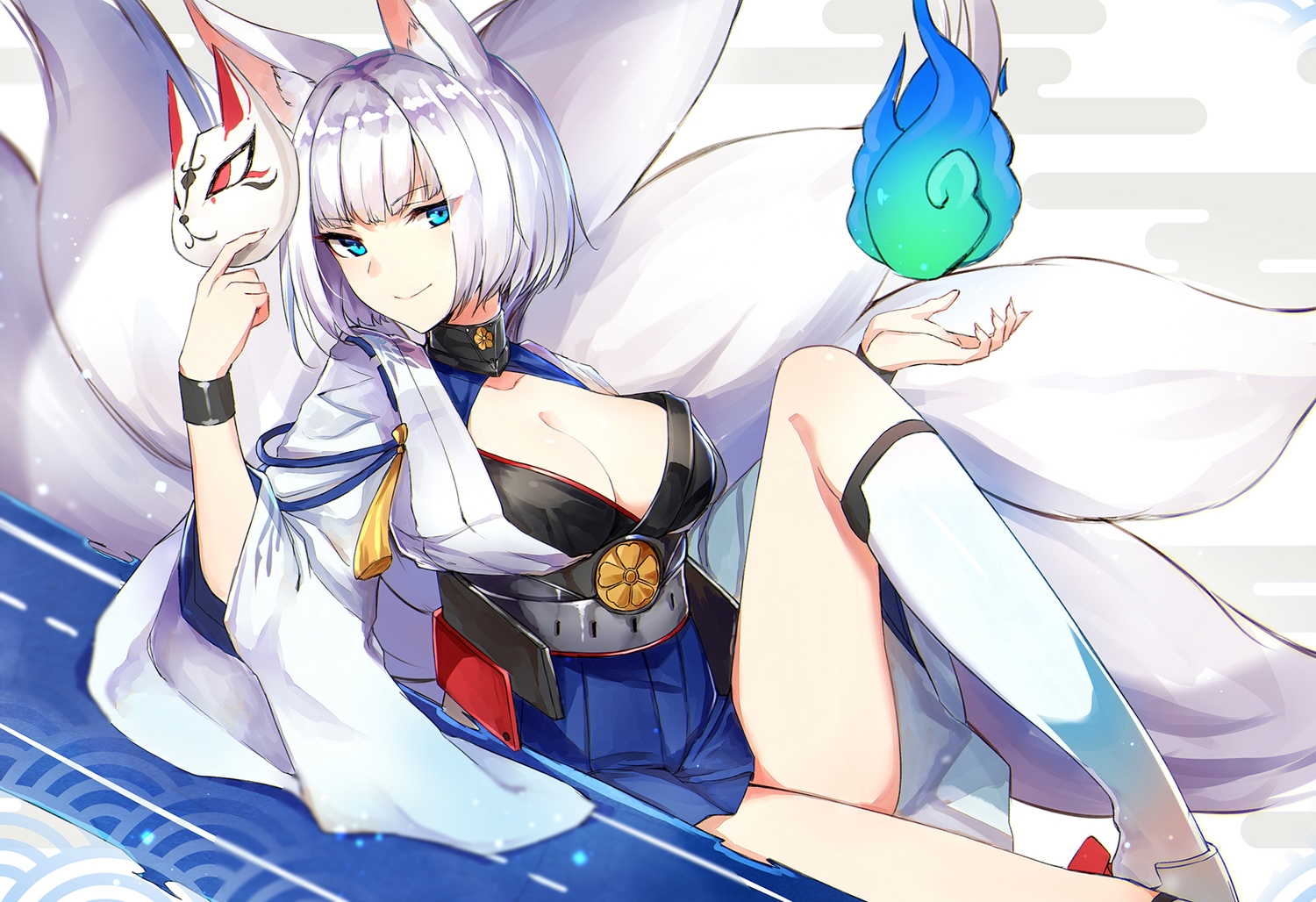 animal_ears, anthropomorphism, aqua_eyes, azur_lane, breasts, cleavage, foxgirl, kaga_(azur_lane)