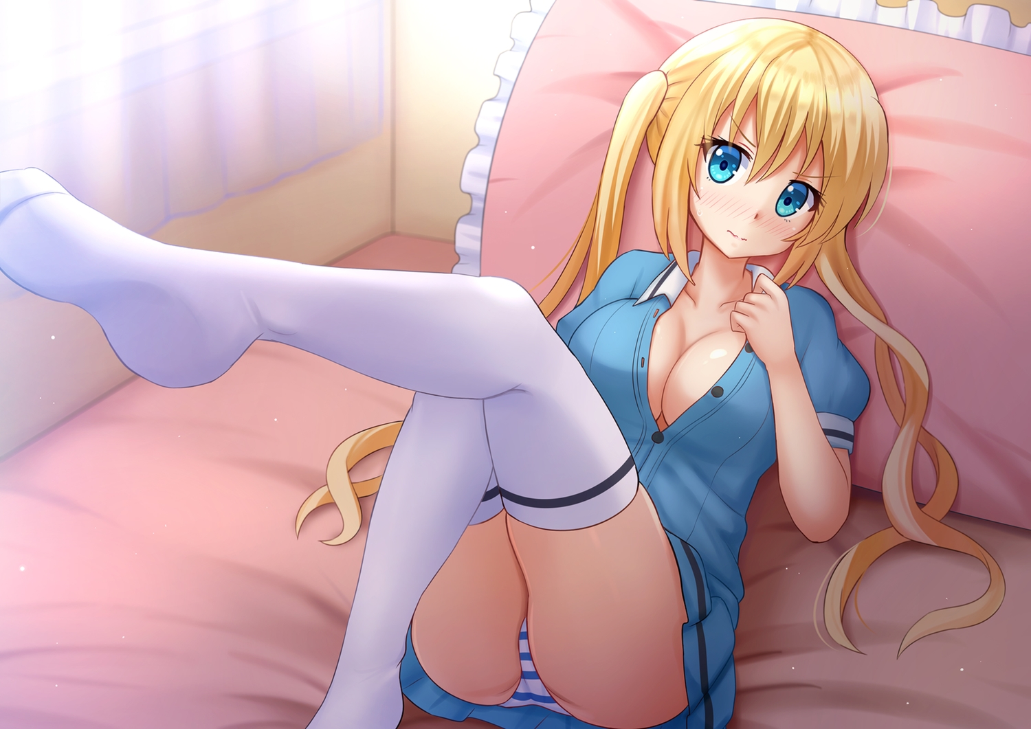 aqua_eyes, bed, blend_s, blonde_hair, blush, breasts, cleavage, hinata_kaho, kazenokaze, long_hair, open_shirt, panties, skirt, striped_panties, thighhighs, twintails, underwear