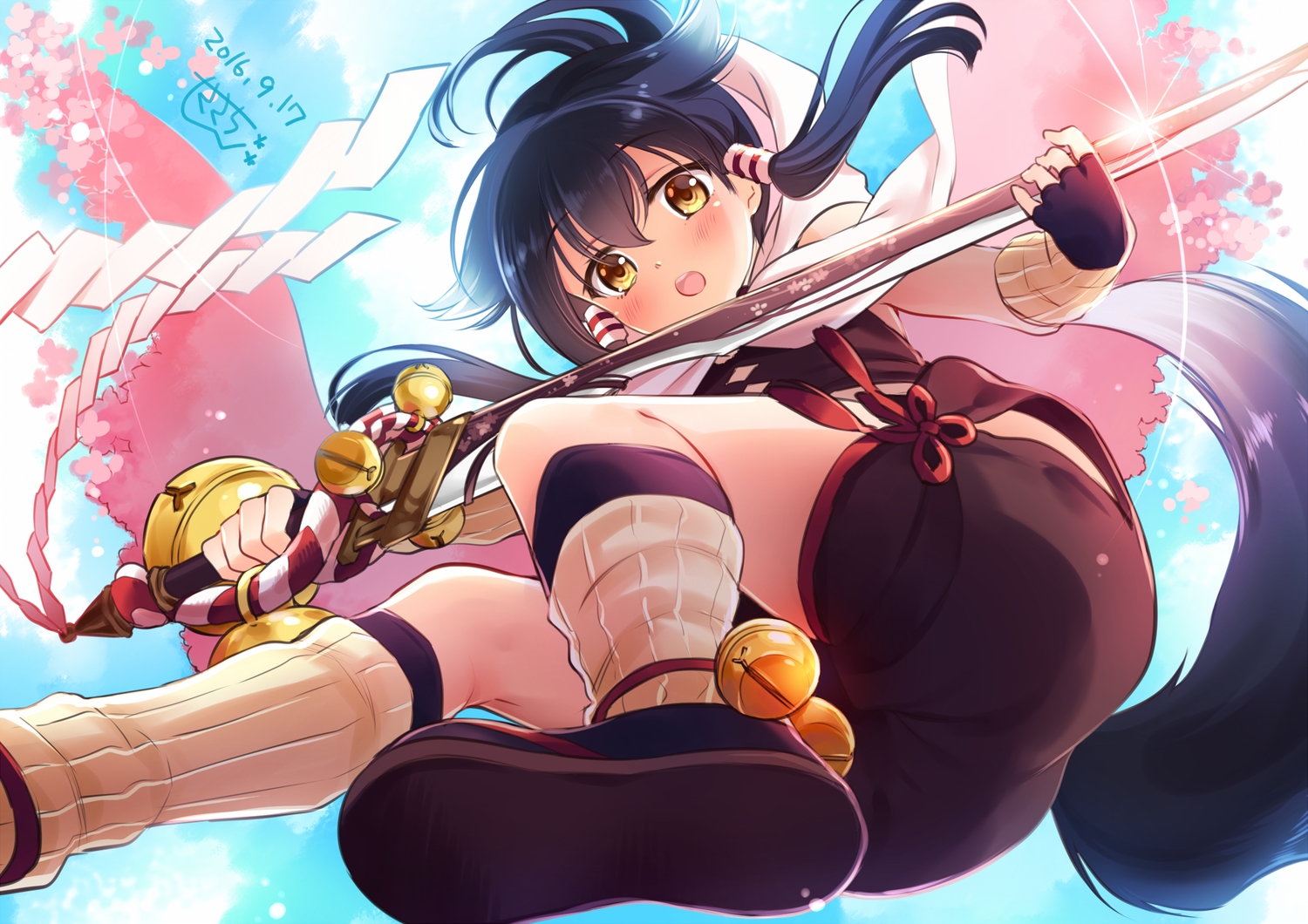 animal_ears, bell, black_hair, blush, cape, clouds, kneehighs, long_hair, original, sasachin, signed, sky, sword, tail, twintails, weapon, yellow_eyes