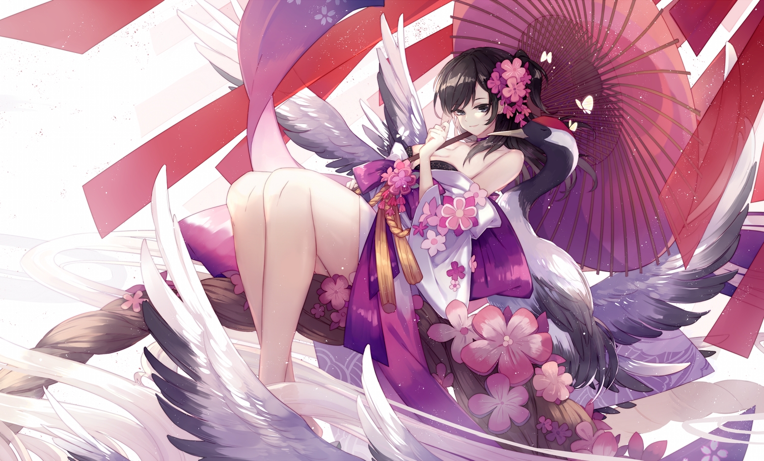 animal, bird, black_eyes, black_hair, breasts, butterfly, cherry_blossoms, cleavage