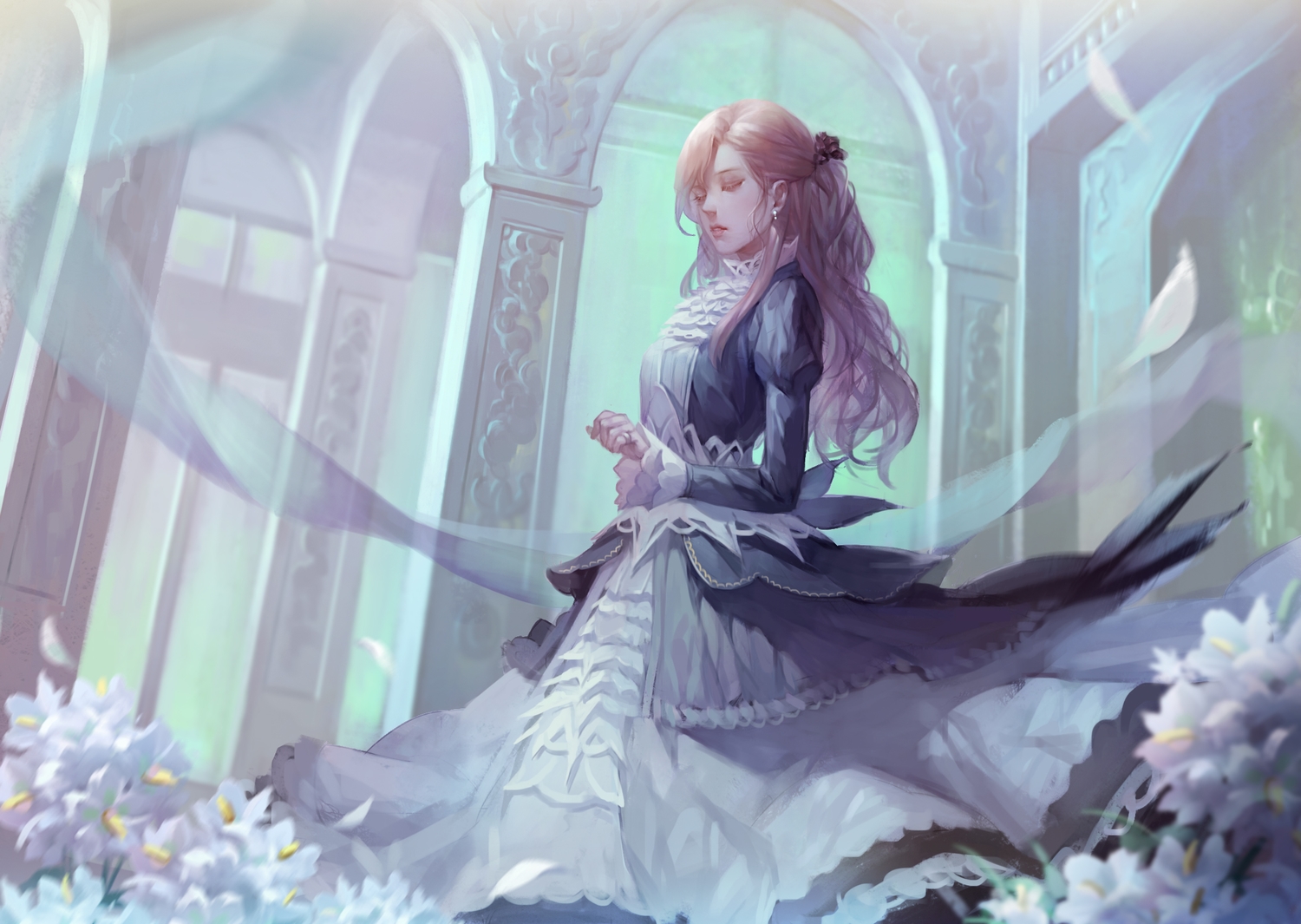 blonde_hair, dress, flowers, long_hair, original, zema_haru