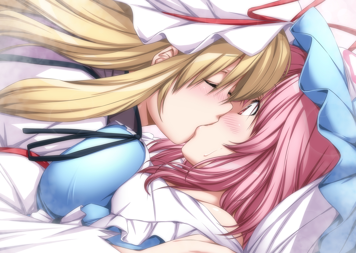 2girls, blonde_hair, blush, breasts, kiss, long_hair, nori_tamago, pink_eyes