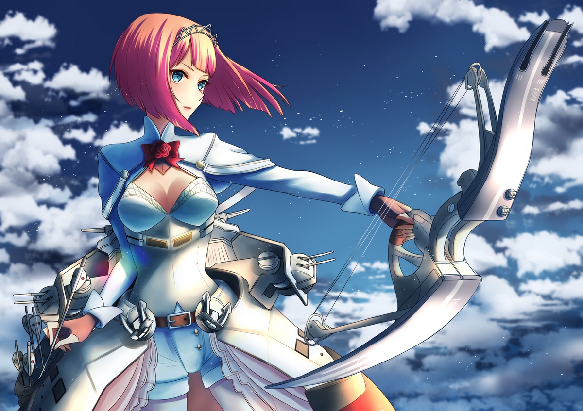 anthropomorphism, aqua_eyes, bow_(weapon), breasts, cleavage, clouds, hms_ark_royal_(kancolle), kantai_collection