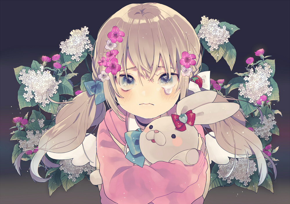aliasing, blue_eyes, blush, bow, brown_hair, bunny, choker, crying, flowers, hood, kouhara_yuyu, long_hair, original, tears, twintails, wings