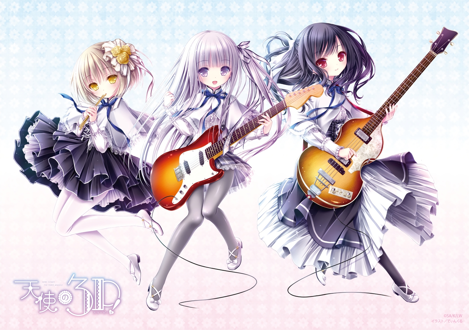 bass, black_hair, blonde_hair, flute, gotou_jun, gray_eyes, gray_hair, guitar