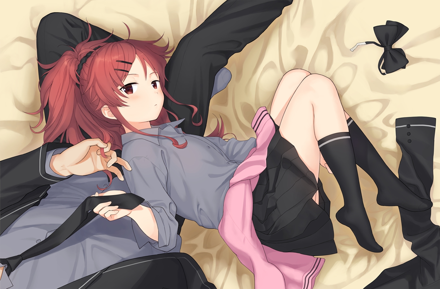 bow, chigusa_asuha, chigusa_kasumi, kneehighs, long_hair, male, ponytail, qualidea_code, red_eyes, red_hair, school_uniform, sekiya_asami, shirt, skirt, suit, tie, waifu2x