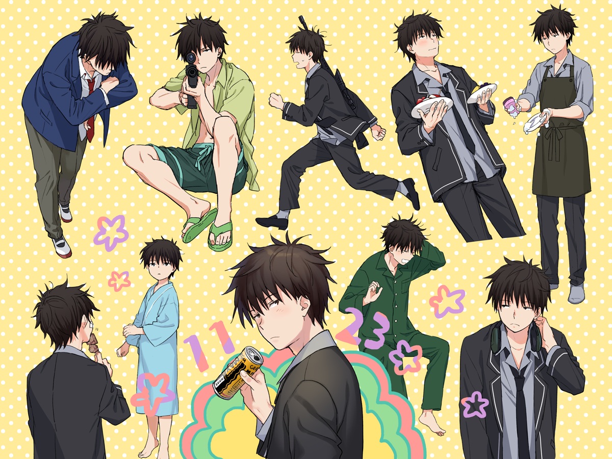 all_male, apron, barefoot, black_hair, chigusa_kasumi, drink, food, gun