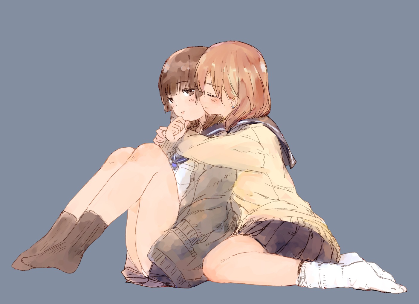 2girls, blue, brown_eyes, brown_hair, hug, original, school_uniform, short_hair, shoujo_ai, sketch, skirt, socks, syou_(endemic_species)
