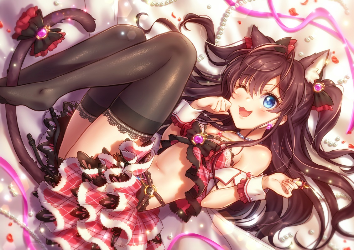 animal_ears, aqua_eyes, blush, breasts, brown_hair, catgirl, cat_smile, cleavage, ichinose_shiki, idolmaster, idolmaster_cinderella_girls, long_hair, mika_(1020mk), navel, necklace, petals, ribbons, skirt, tail, thighhighs, twintails, wink, wristwear