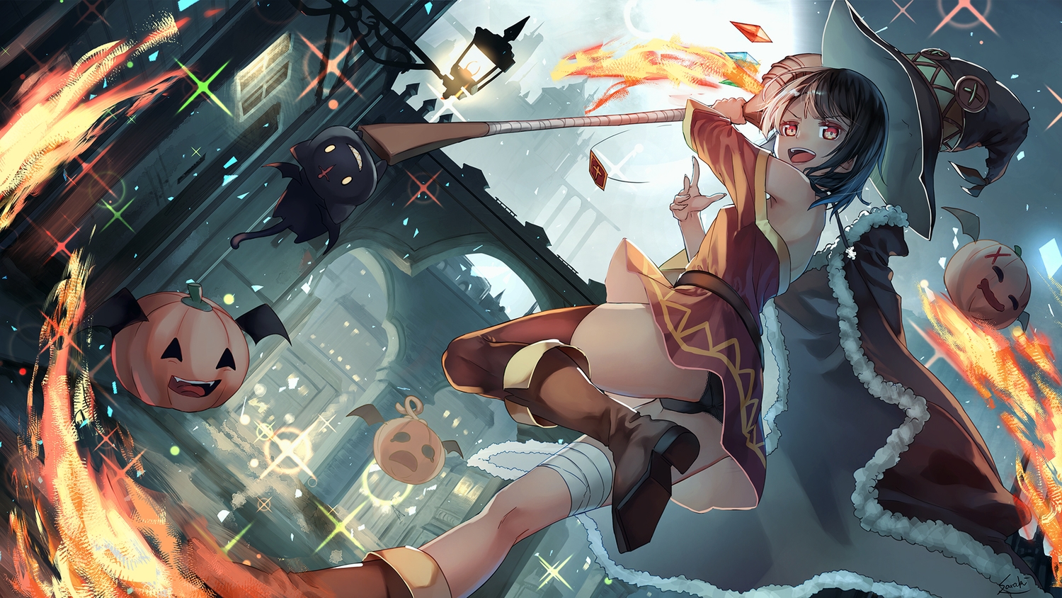 ass, black_hair, building, chomusuke, dress, fire, gloves, hat, kono_subarashii_sekai_ni_shukufuku_wo!, megumin, panties, pumpkin, red_eyes, saraki, short_hair, signed, staff, underwear, weapon, wings, witch_hat