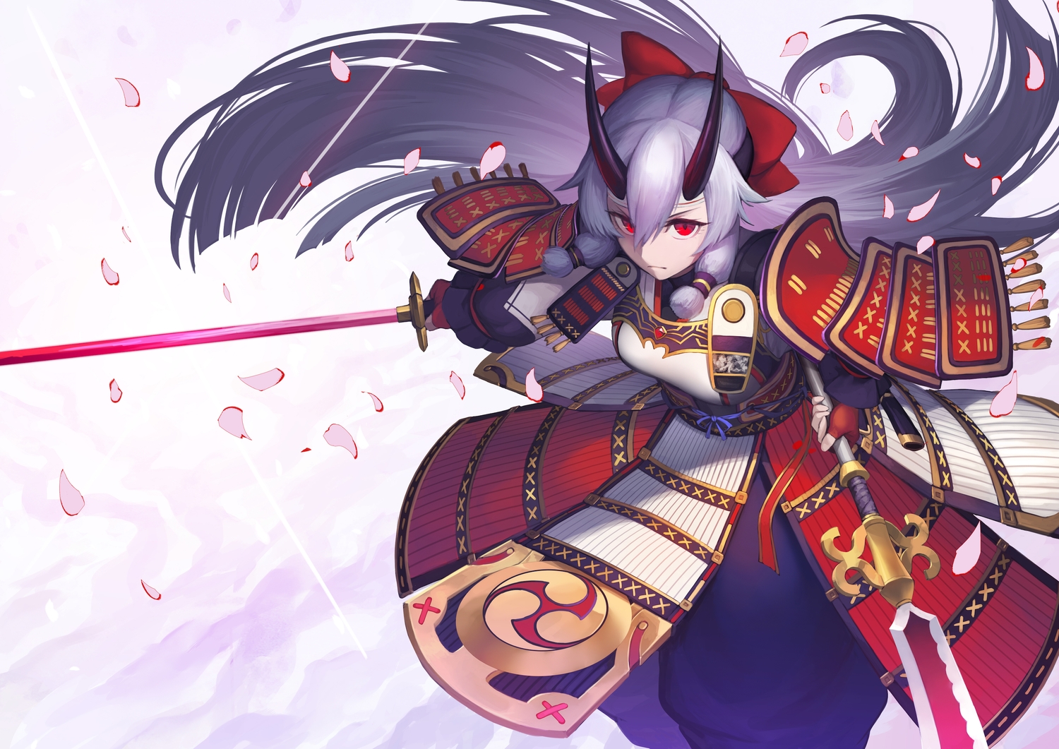 armor, fate/grand_order, fate_(series), gray_hair, horns, long_hair, nakamura_eight, petals, red_eyes, samurai, spear, sword, tomoe_gozen, weapon