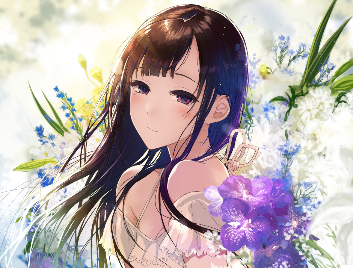 ane_naru_mono, breasts, brown_hair, chiyo_(ane_naru_mono), cleavage, flowers, long_hair, pochi_(pochi-goya), purple_eyes