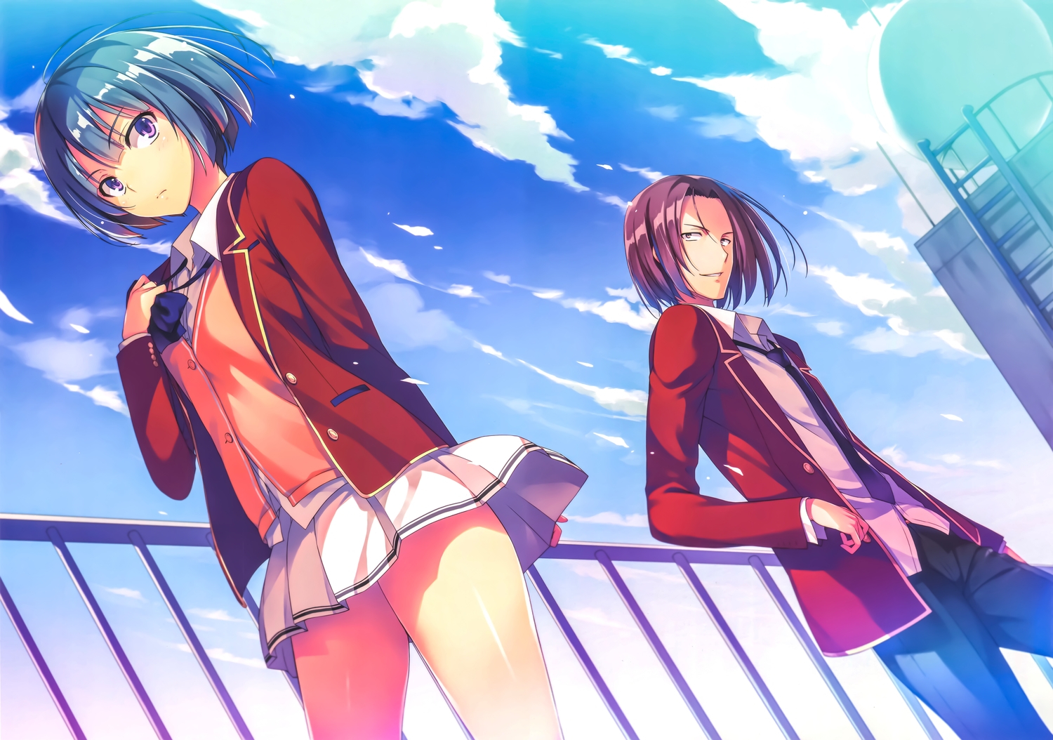 blue_hair, clouds, ibuki_mio, male, pink_eyes, purple_hair, rooftop, ryuuen_kakeru