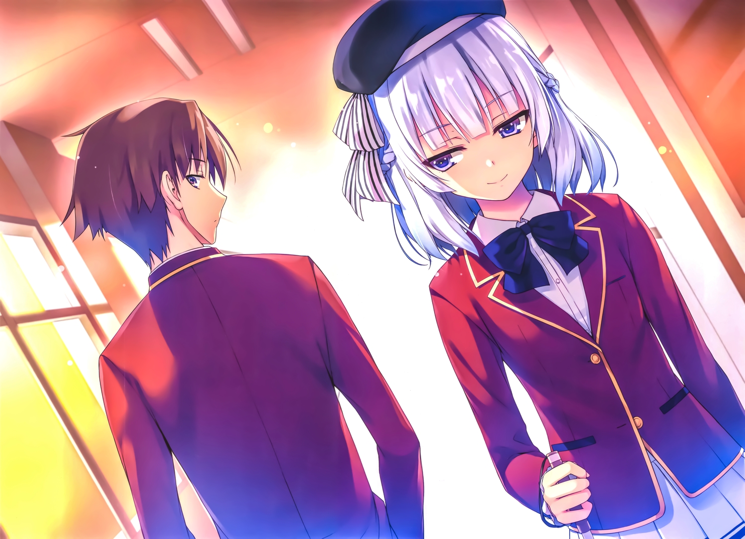 ayanokoji_kiyotaka, bow, braids, brown_hair, hat, male, sakayanagi_arisu, scan, school_uniform, short_hair, skirt, tomose_shunsaku, white_hair, youkoso_jitsuryoku_shijou_shugi_no_kyoushitsu_e