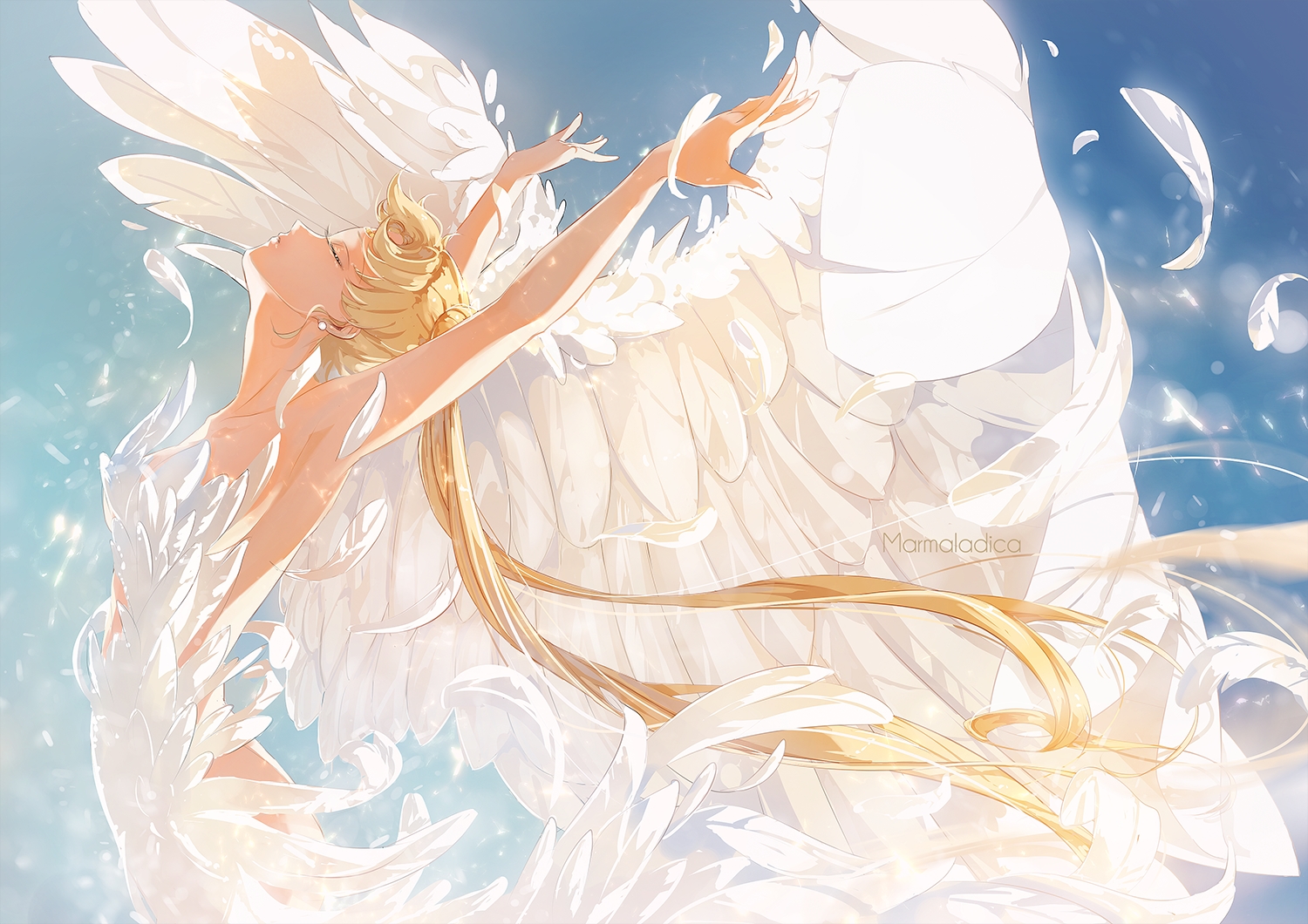 blonde_hair, dress, feathers, marmalade_(elfless_vanilla), princess_serenity, sailor_moon, sky, tsukino_usagi
