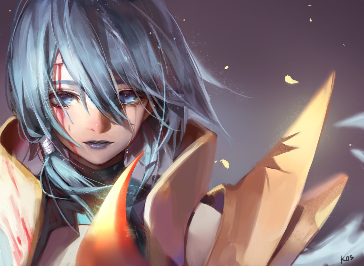armor, blood, blue_eyes, blue_hair, crying, league_of_legends, long_hair, ponytail, riven_(league_of_legends), signed, songjikyo, tears