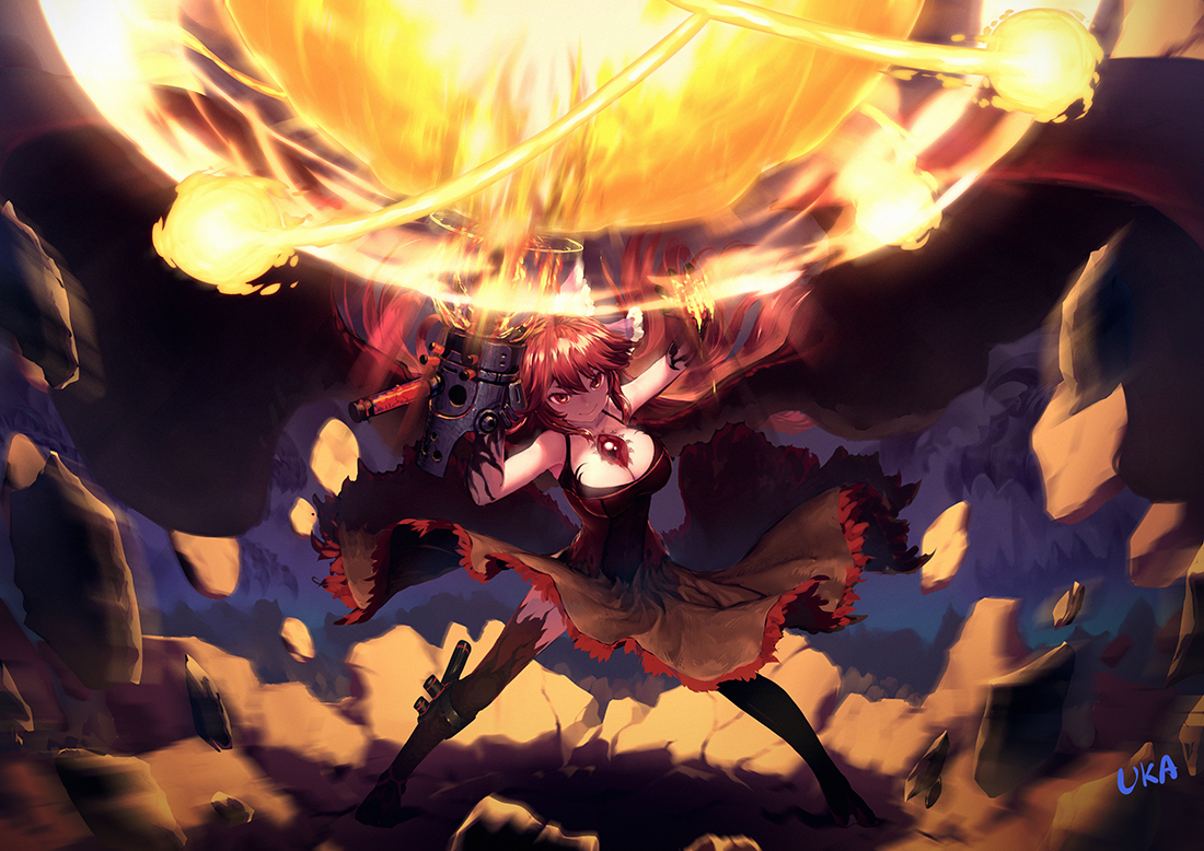 breasts, brown_eyes, brown_hair, dress, fire, gun, long_hair, reiuji_utsuho