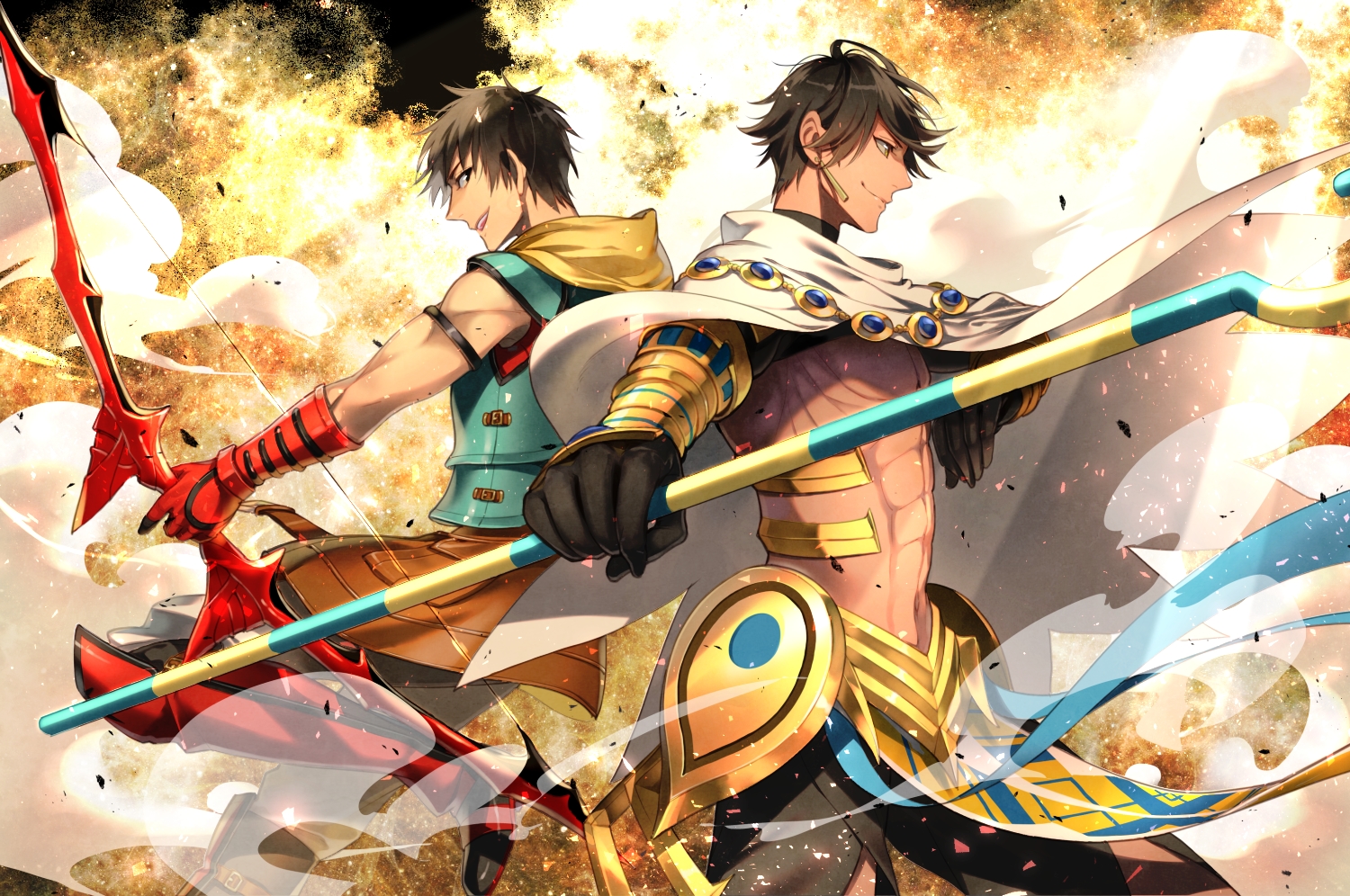 all_male, arash_(fate), armor, boots, bow_(weapon), brown_hair, cape, fate/grand_order