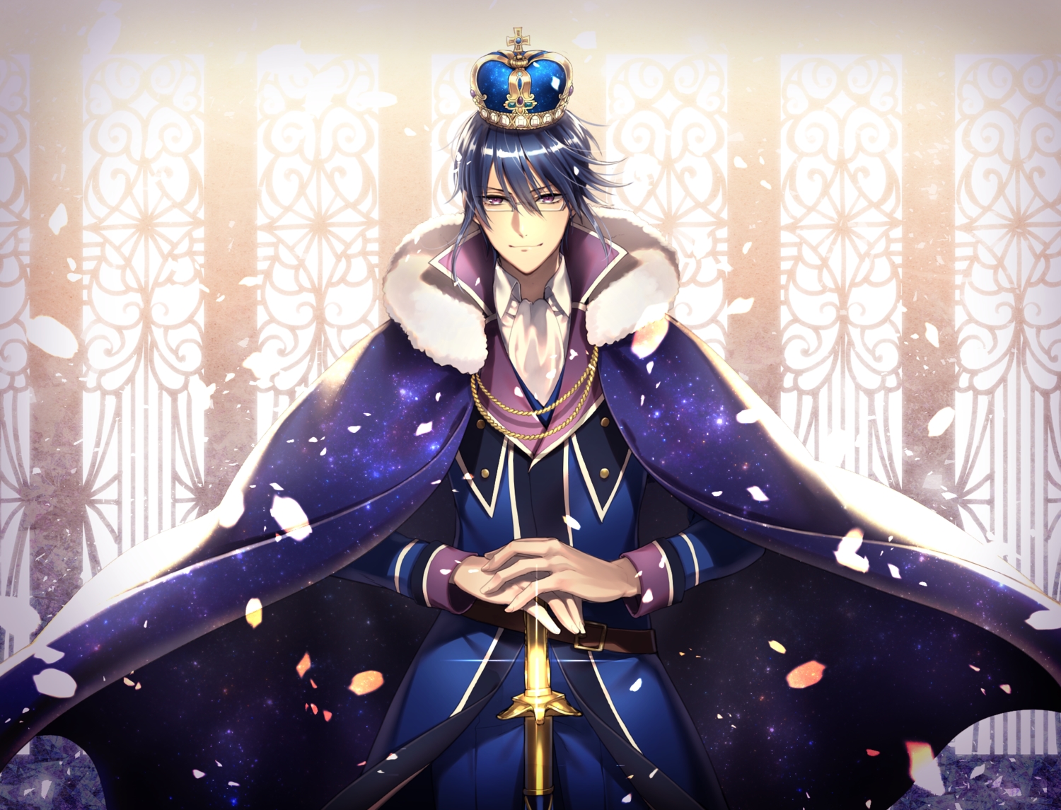 all_male, black_hair, cape, crown, glasses, k_(anime), male, munakata_reishi