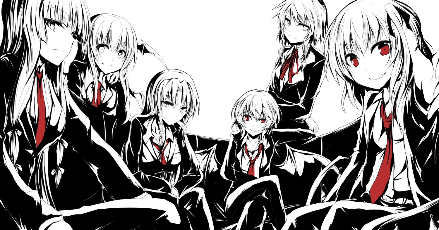 aliasing, braids, couch, flandre_scarlet, group, hong_meiling, izayoi_sakuya, koakuma