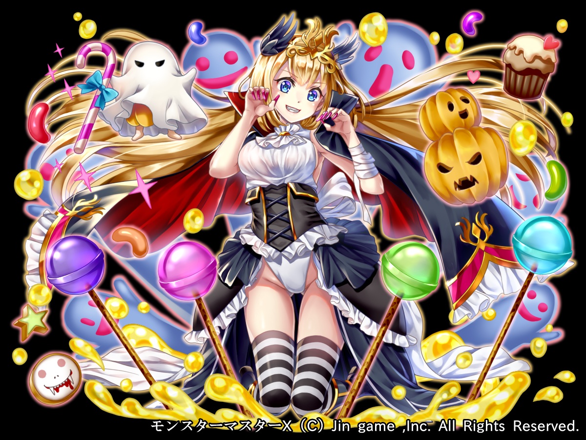 aqua_eyes, bandage, blonde_hair, candy, cape, dress, hakudatofu, halloween