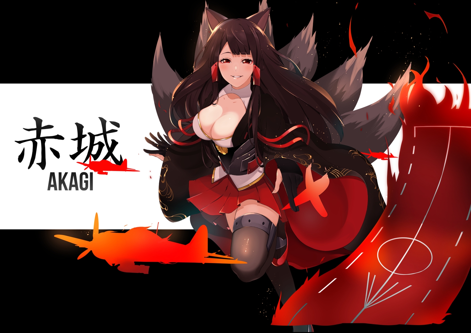 akagi_(azur_lane), akuan_(7jackpot7), animal_ears, anthropomorphism, azur_lane, breasts, brown_hair, foxgirl, long_hair, multiple_tails, red_eyes, skirt, tail, thighhighs