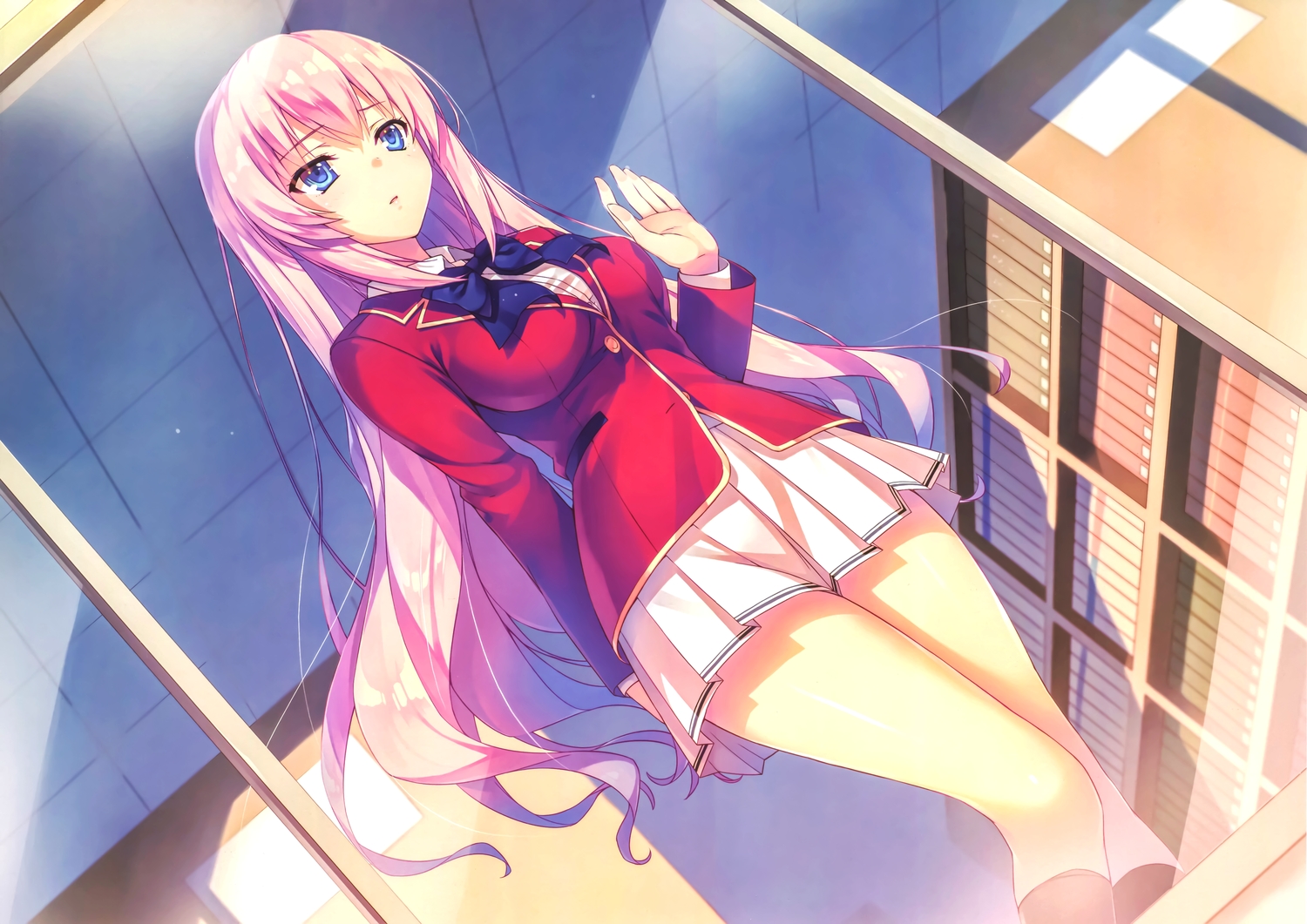 aqua_eyes, book, bow, breasts, ichinose_honami_(elite), kneehighs, long_hair, pink_hair