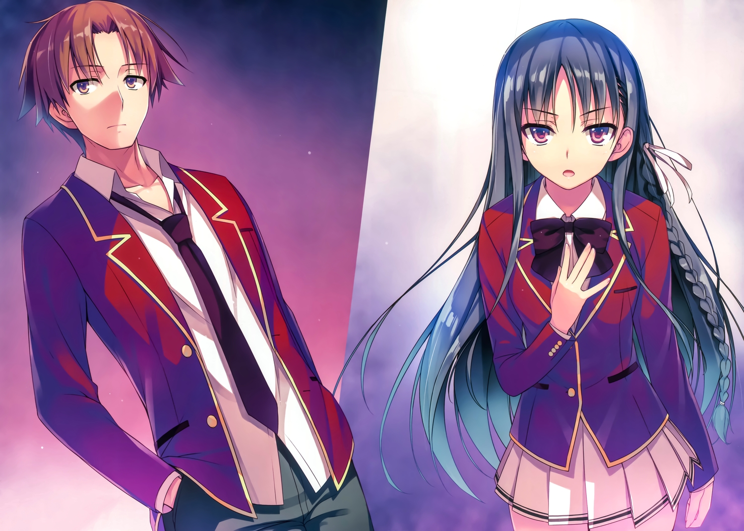 ayanokoji_kiyotaka, black_hair, bow, braids, brown_eyes, brown_hair, horikita_suzune, long_hair