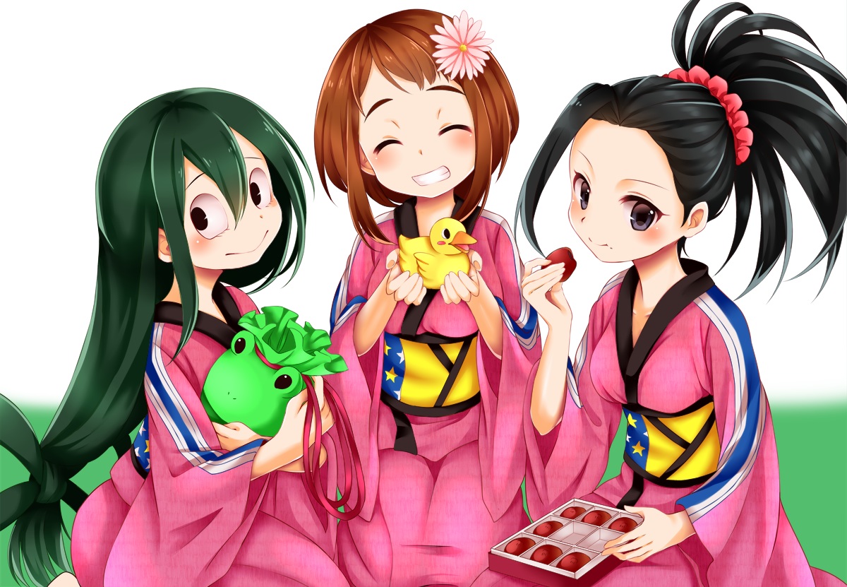 asui_tsuyu, black_eyes, black_hair, boku_no_hero_academia, brown_hair, chikuwa_savi, food, green_hair