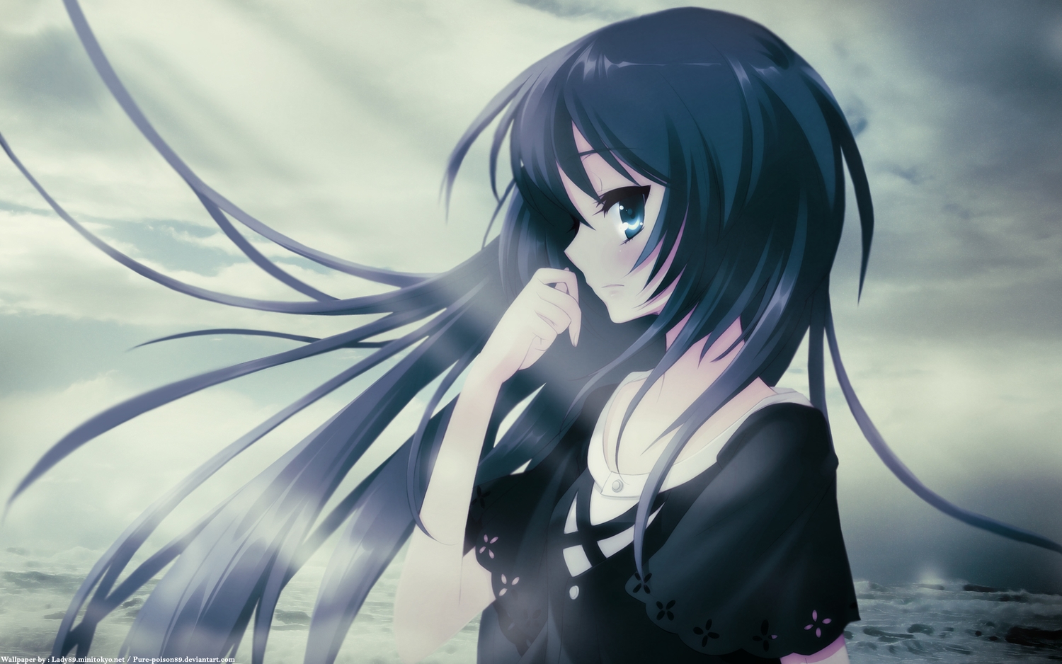 beach, black_hair, close, flyable_heart, long_hair, shirasagi_mayuri, tagme_(artist), water