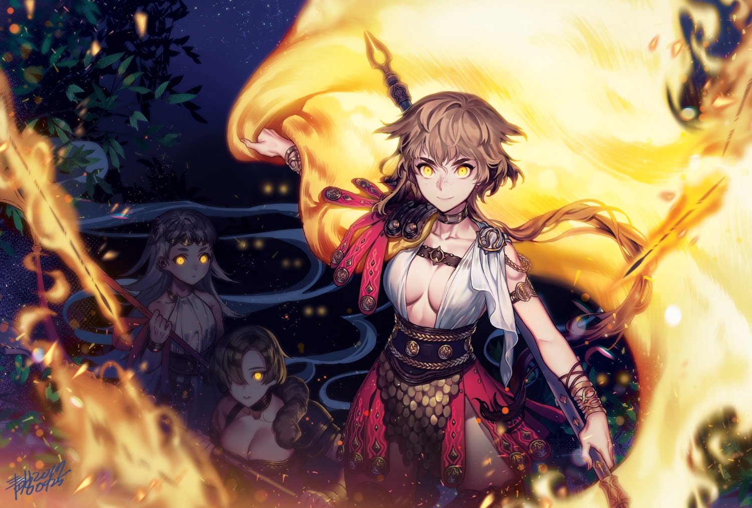armor, breasts, brown_hair, cleavage, erjung, fire, long_hair, night, original, ponytail, short_hair, signed, sky, stars, weapon, white_hair, yellow_eyes