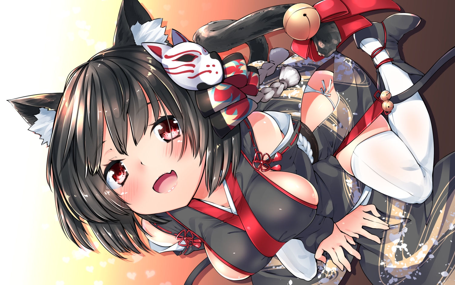 animal_ears, anthropomorphism, azur_lane, black_hair, blush, breasts, catgirl, fang, gradient, japanese_clothes, red_eyes, shirasagi_rokuwa, short_hair, sideboob, tail, thighhighs, underwear, yamashiro_(azur_lane)