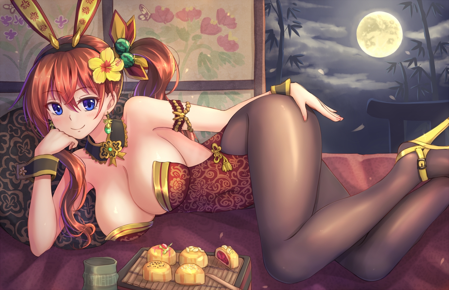 animal_ears, blue_eyes, breasts, bunny_ears, bunnygirl, chinese_clothes, cleavage, clouds, drink, flowers, food, headband, long_hair, moon, night, orange_hair, original, ponytail, sky, suikakitsu_shiro, xia_you_qing