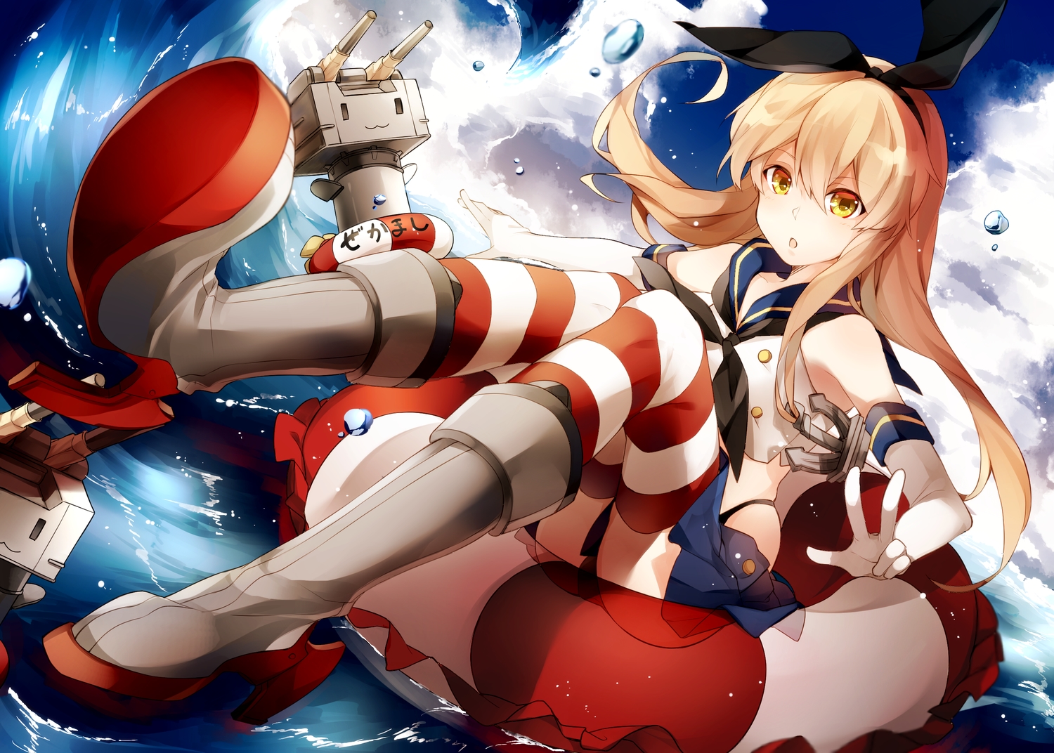 anthropomorphism, blonde_hair, boots, clouds, hizuki_miya, kantai_collection, long_hair, rensouhou-chan, school_uniform, shimakaze_(kancolle), skirt, sky, thighhighs, water, yellow_eyes