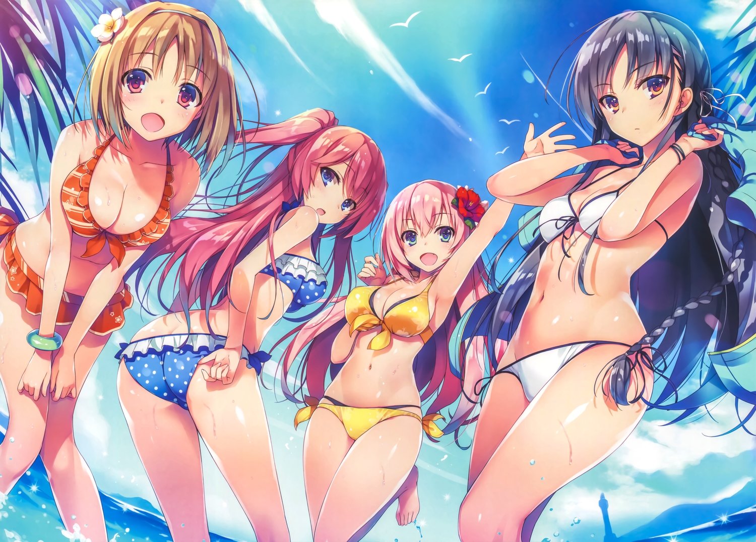 animal, bikini, bird, black_hair, blonde_hair, blue_eyes, braids, breasts, cleavage, clouds, group, horikita_suzune, ichinose_honami_(elite), kushida_kikyou, long_hair, navel, orange_eyes, pink_hair, red_eyes, ribbons, sakura_airi, scan, short_hair, sky, swimsuit, tomose_shunsaku, water, youkoso_jitsuryoku_shijou_shugi_no_kyoushitsu_e