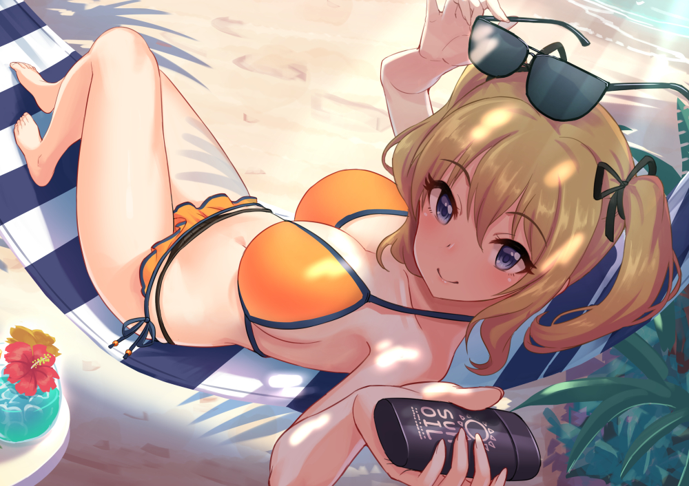 barefoot, bikini, breasts, brown_hair, drink, flowers, navel, original, shade, short_hair, sunglasses, swimsuit, tamakaga, twintails