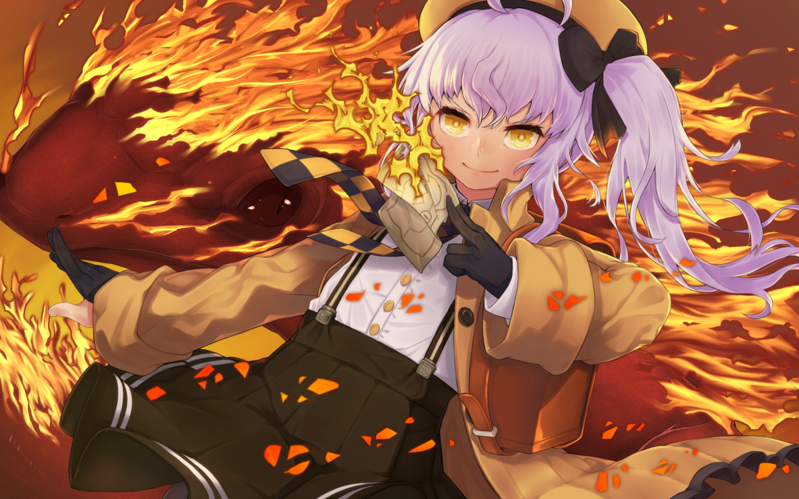 bow, fire, gloves, hat, long_hair, object9991, ponytail, purple_hair