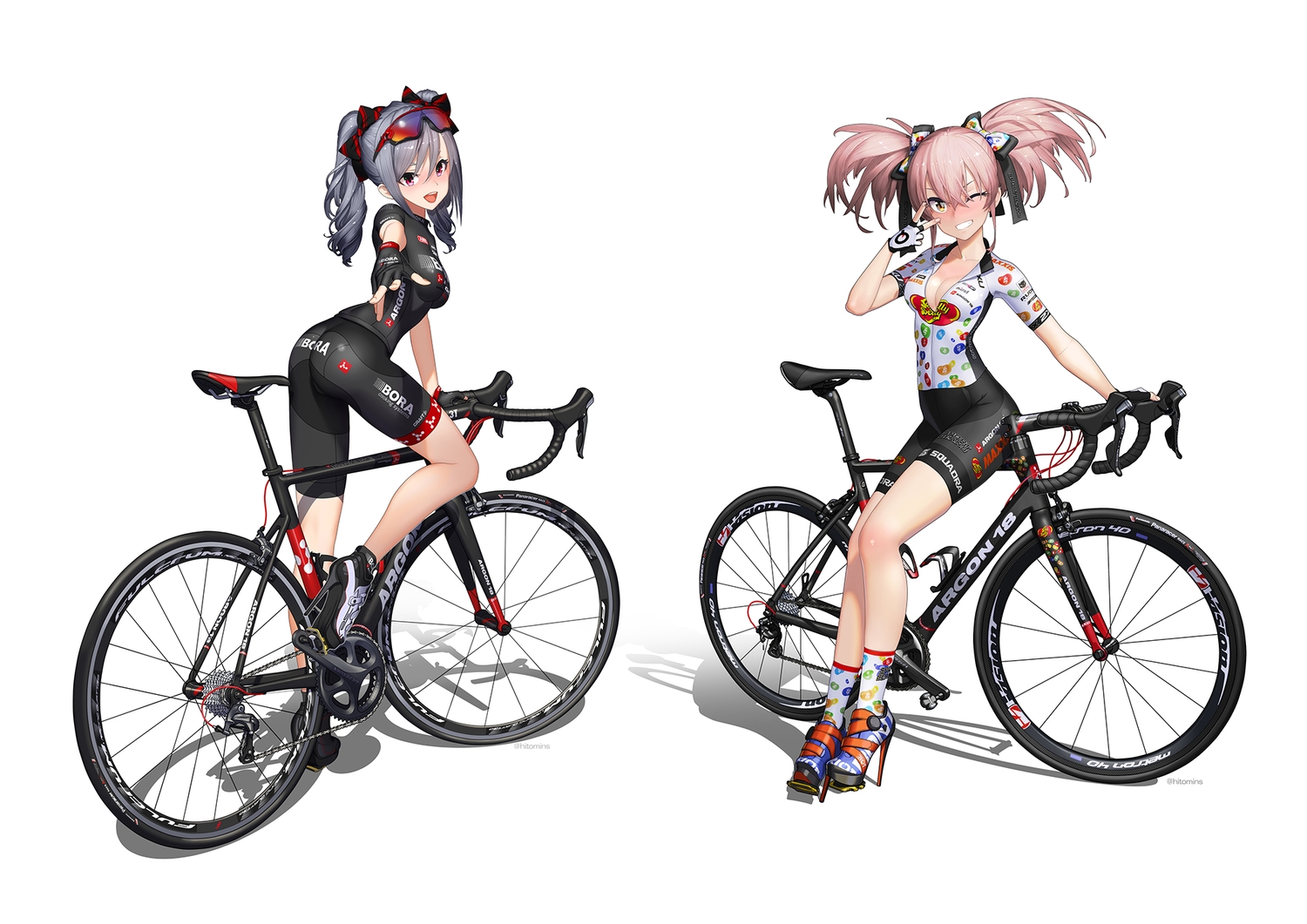 2girls, bicycle, bike_shorts, breasts, cleavage, hitomi_kazuya, idolmaster, idolmaster_cinderella_girls