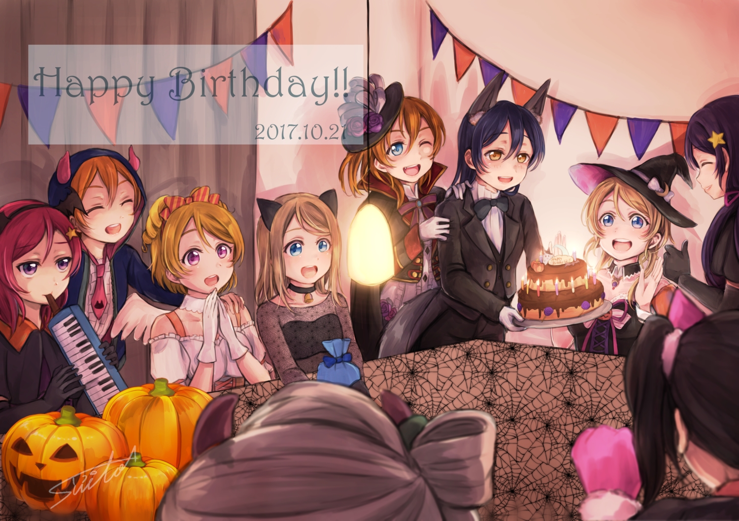 animal_ears, ayase_arisa, ayase_eri, blue_eyes, brown_hair, cake, food, gloves