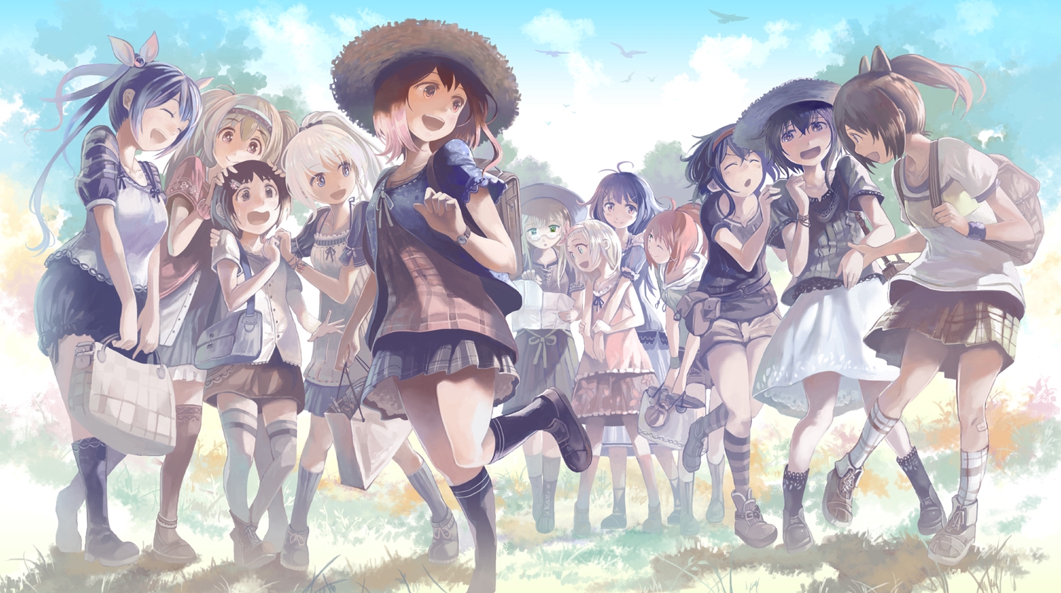anthropomorphism, blonde_hair, brown_eyes, brown_hair, dress, green_eyes, group, i-13_(kancolle)