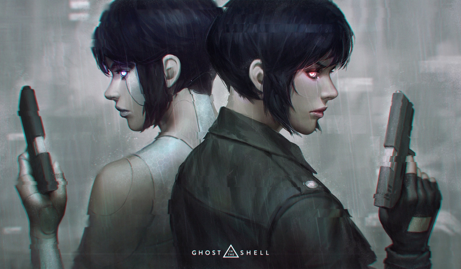 black_hair, ghost_in_the_shell, gloves, gun, guweiz, kusanagi_motoko, logo, rain