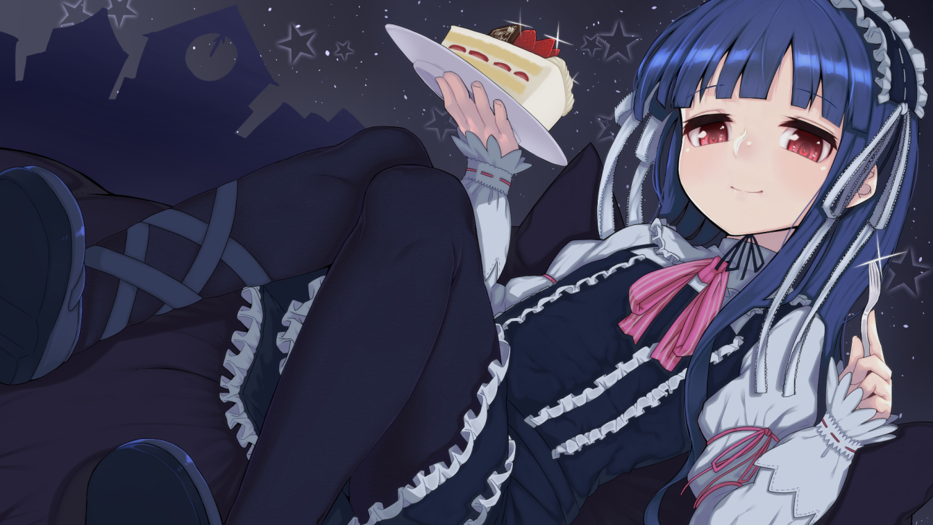 blue_hair, cake, dress, food, fruit, goth-loli, headdress, idolmaster, idolmaster_cinderella_girls, loli, lolita_fashion, long_hair, object9991, pantyhose, red_eyes, ribbons, sajou_yukimi, strawberry