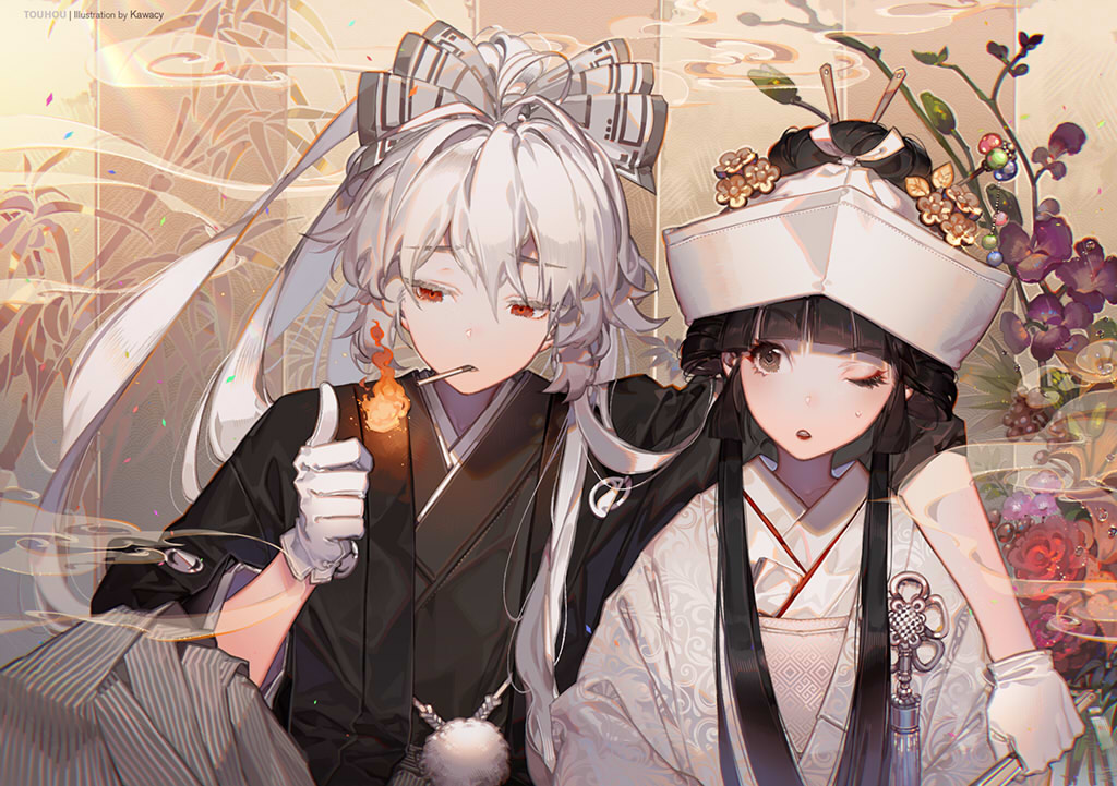2girls, black_hair, brown_eyes, cigarette, fire, flowers, fujiwara_no_mokou, gloves