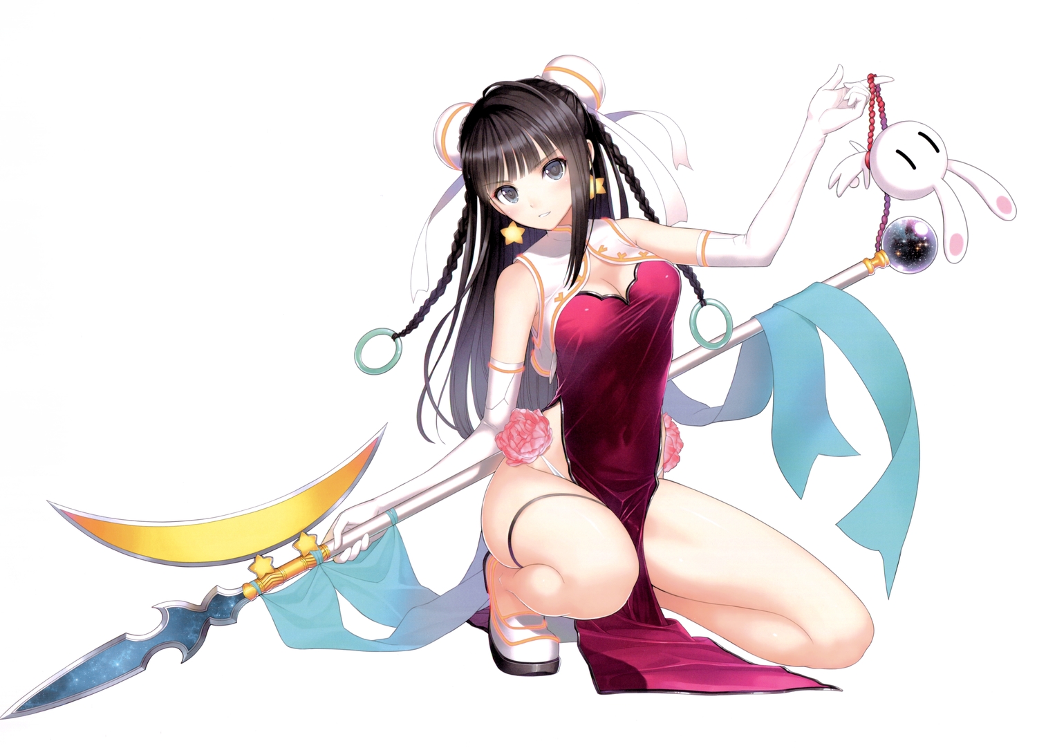 black_eyes, black_hair, braids, chinese_clothes, chinese_dress, dress, long_hair, ribbons
