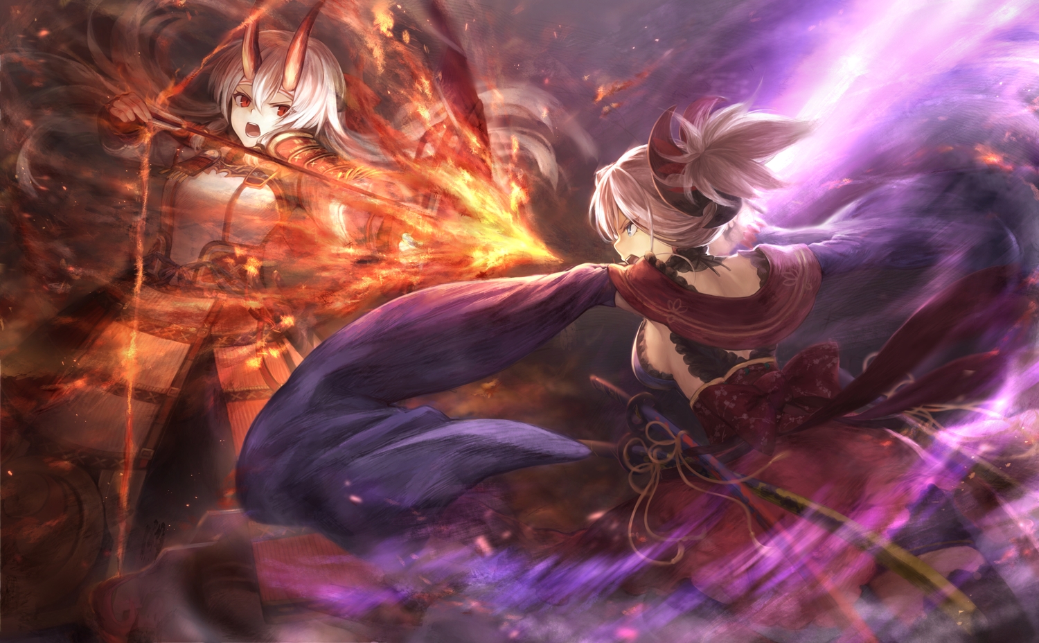 2girls, armor, blue_eyes, bow_(weapon), demon, fate/grand_order, fate_(series), fire