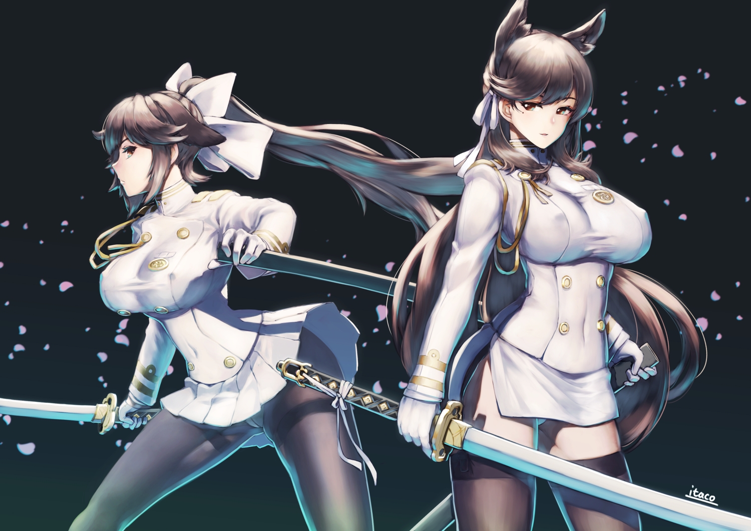 2girls, animal_ears, anthropomorphism, atago_(azur_lane), azur_lane, bow, breasts, brown_eyes, brown_hair, doggirl, erect_nipples, garter_belt, gloves, gradient, itaco1987, military, panties, pantyhose, petals, ponytail, ribbons, signed, skirt, stockings, sword, takao_(azur_lane), thighhighs, underwear, uniform, weapon, zettai_ryouiki