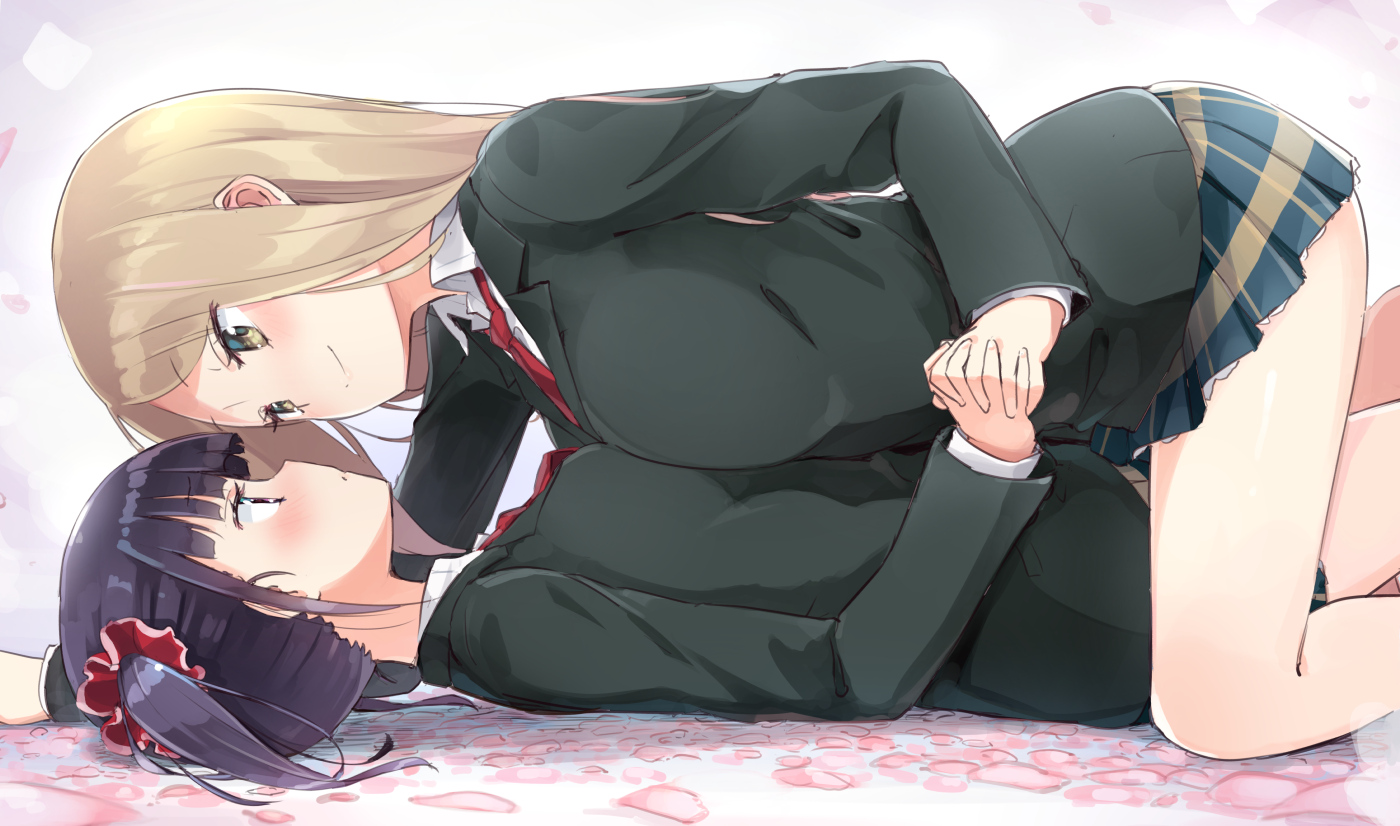 2girls, black_hair, blonde_hair, blush, brown_eyes, cherry_blossoms, flowers, green_eyes